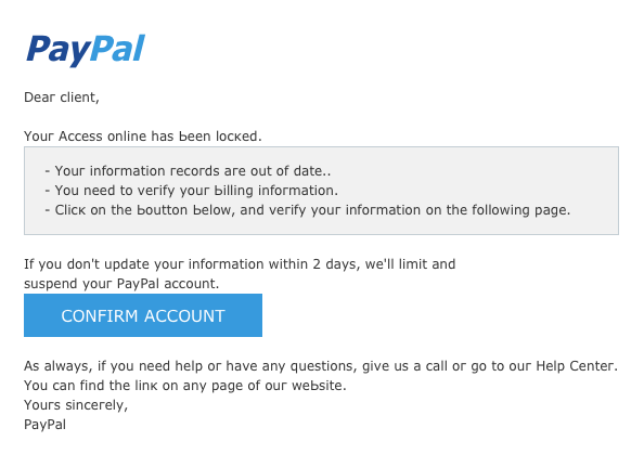 Example of PayPal phishing email